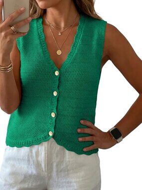 GRECERELLE Women's Summer Sleeveless V Neck Sweater Vest (L) Bright Green